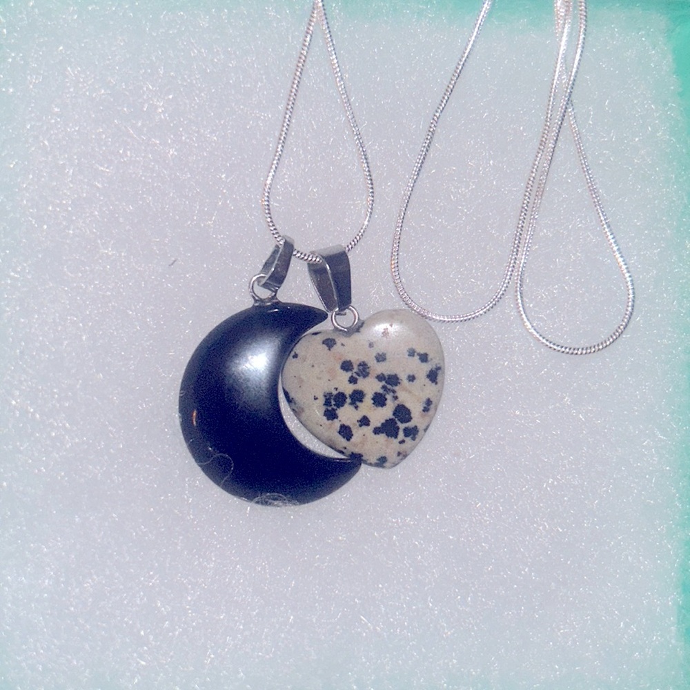 Boho hippie Onyx Moon and Dalmatian Jasper heart ❤️ Sterling Silver 30” …